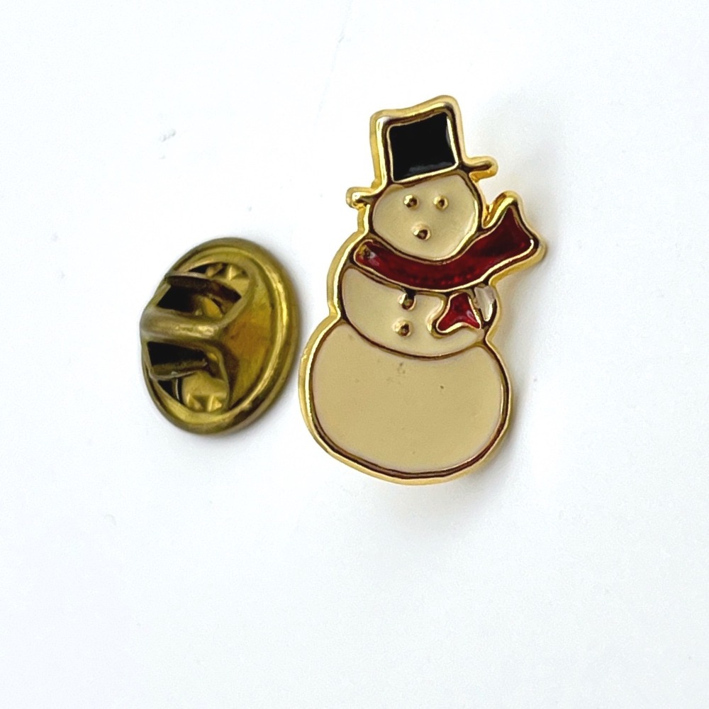 Snowman Enamel Pin Gold Tone Holiday Christmas Red Scarf‎ Black Top Hat Festive